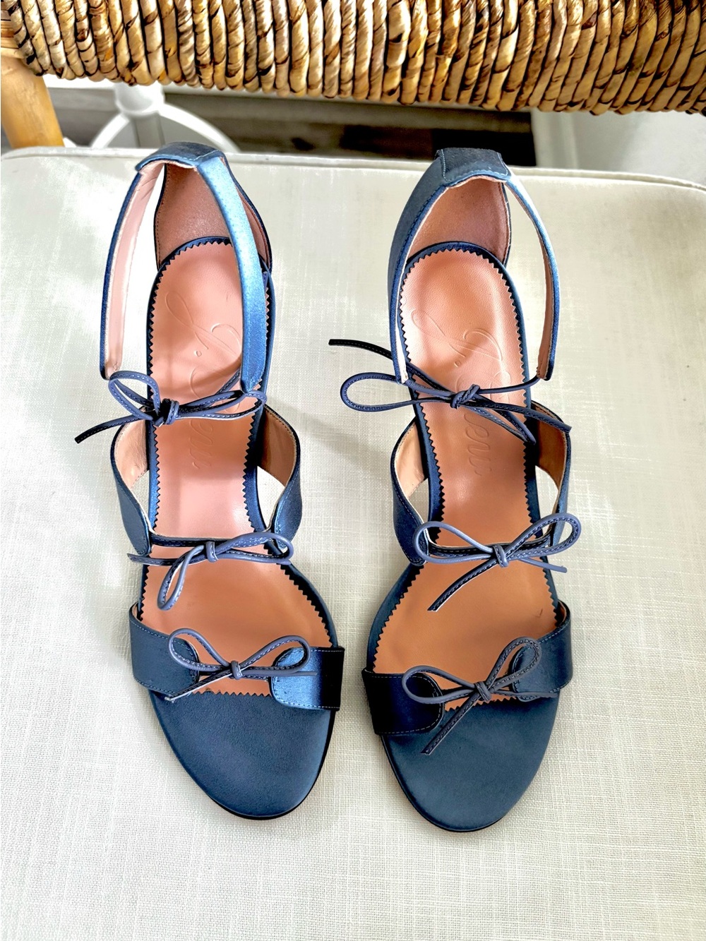 J. Crew Collection Navy Satin Bow Triple-Strap Heeled Sandals